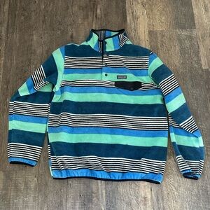 Rare Patagonia Womens XL Synchilla Snap T Fleece Pullover Sweater Blue Stripes